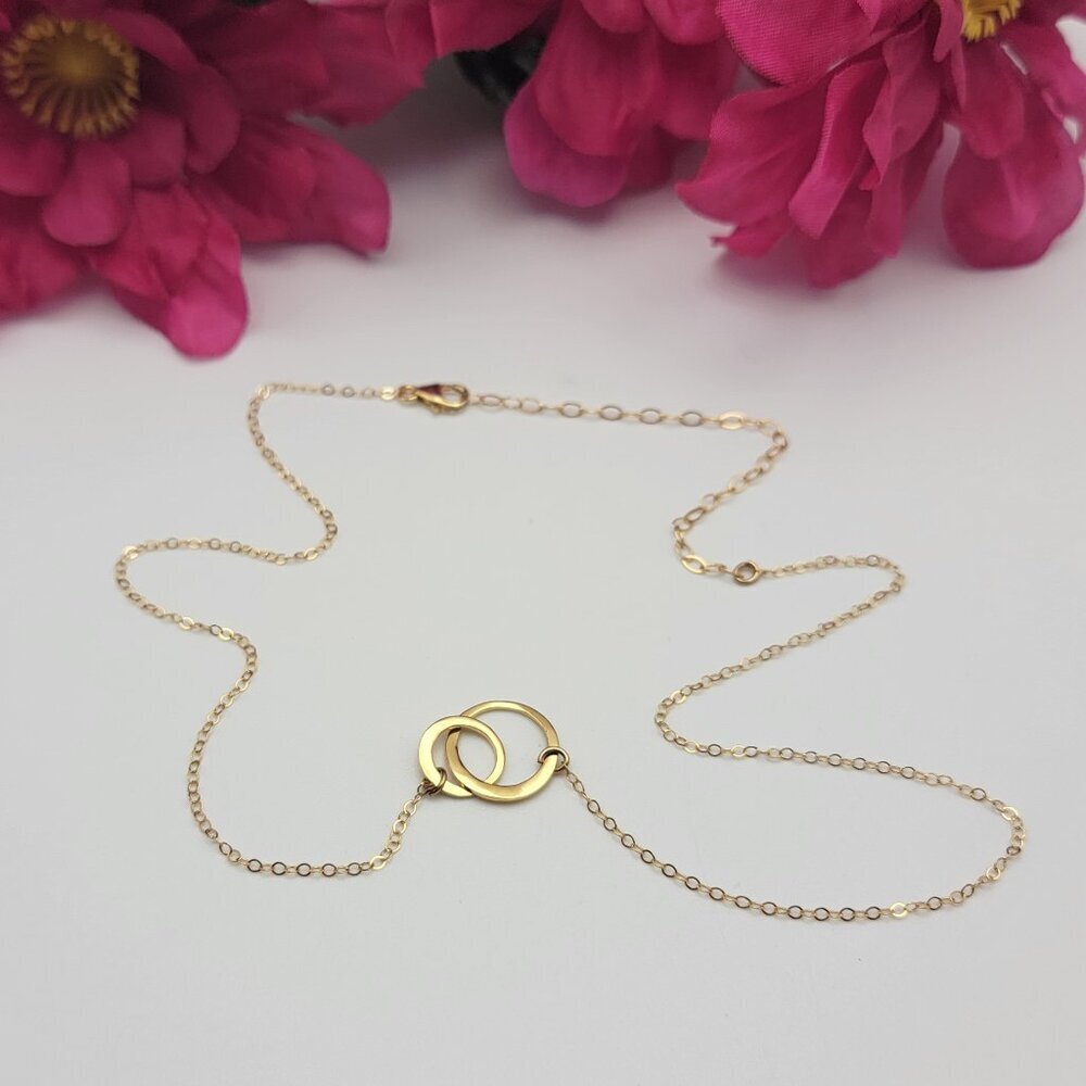 14K Gold GF Interlocking Double Ring Charm Necklace 18 Inch  Adjustable